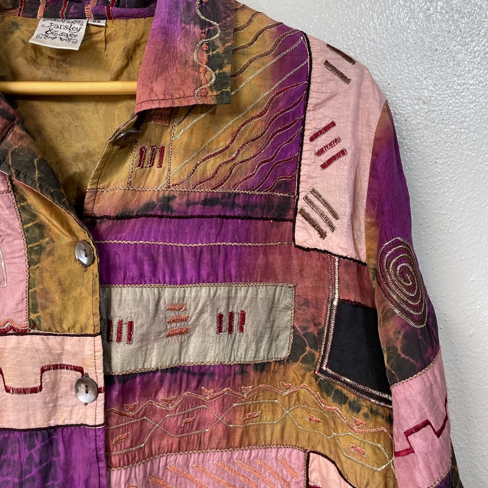 Parsley Sage Silk Patchwork Button Jacket Boho Ar… - image 11